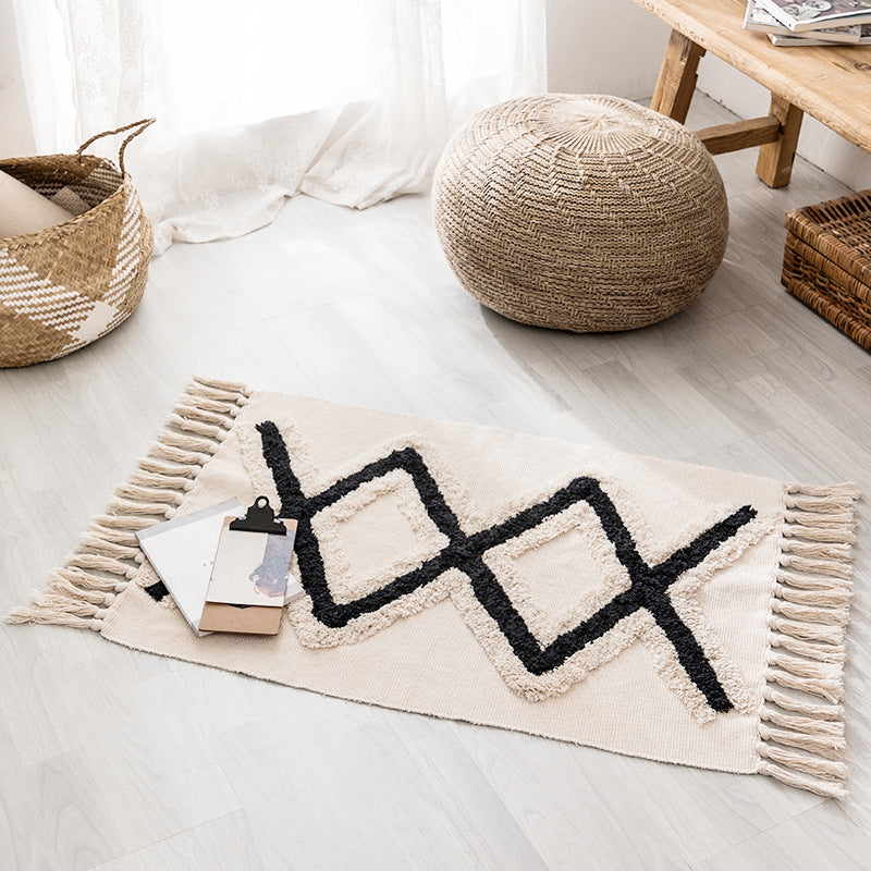 Tapis Vintage Bordé Coton et Bande de lin │ Élégance et Style pour Votre Intérieur