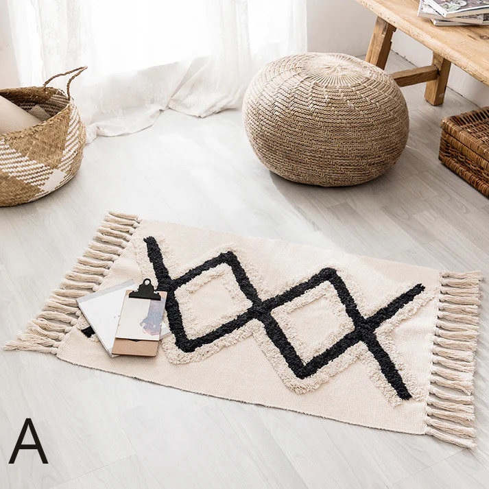 Tapis Vintage Bordé Coton et Bande de lin │ Élégance et Style pour Votre Intérieur