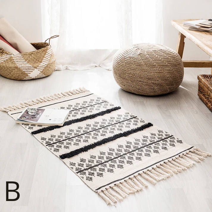 Tapis Vintage Bordé Coton et Bande de lin │ Élégance et Style pour Votre Intérieur