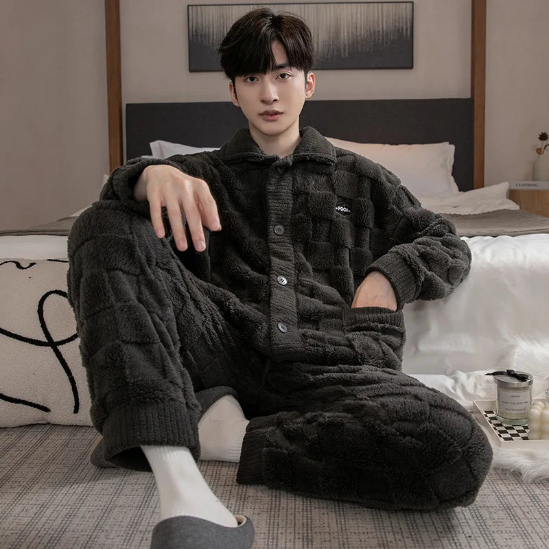 2Pcs/set men's pajamas autumn and winter padded and thickened warm long-sleeved trousers coral fleece homewear men's clothing