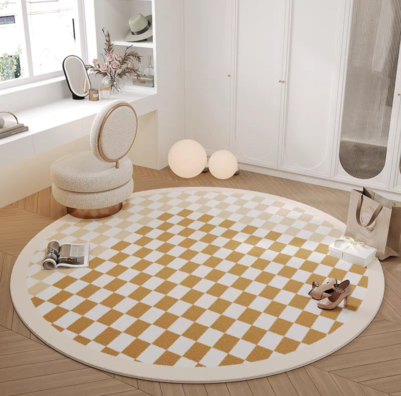 Tapis Rond à Motif Échiquier │ Tapis Minimaliste et Élégant pour Salon