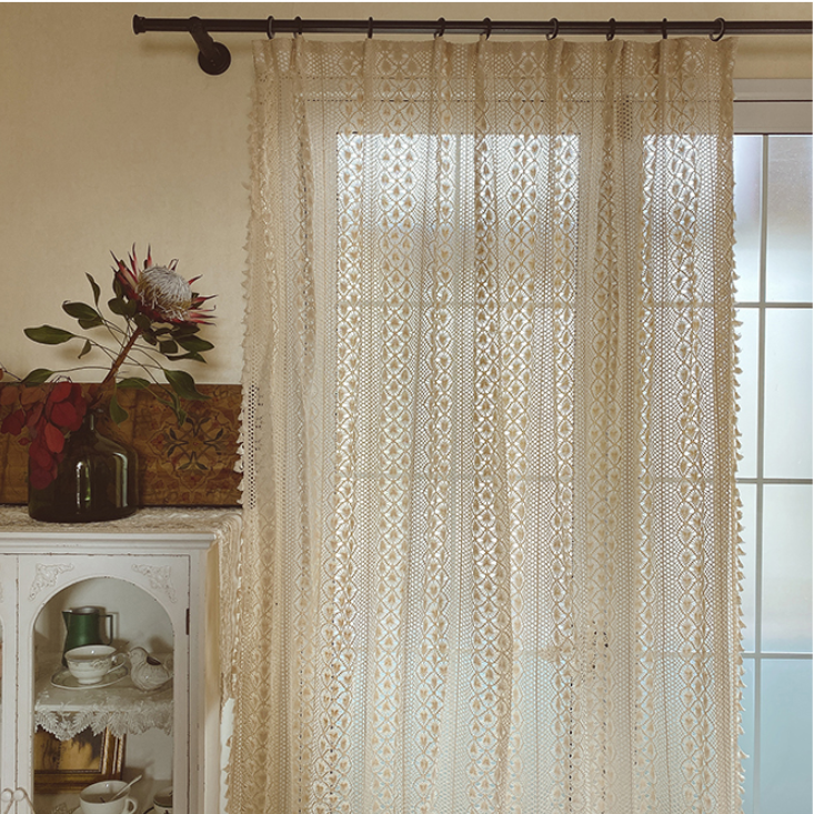 Rideaux Finis en Coton et Chanvre de Style Pastoral Crochet Creux Américain │ Pour une Décoration Rustique et Semi-Ombrage