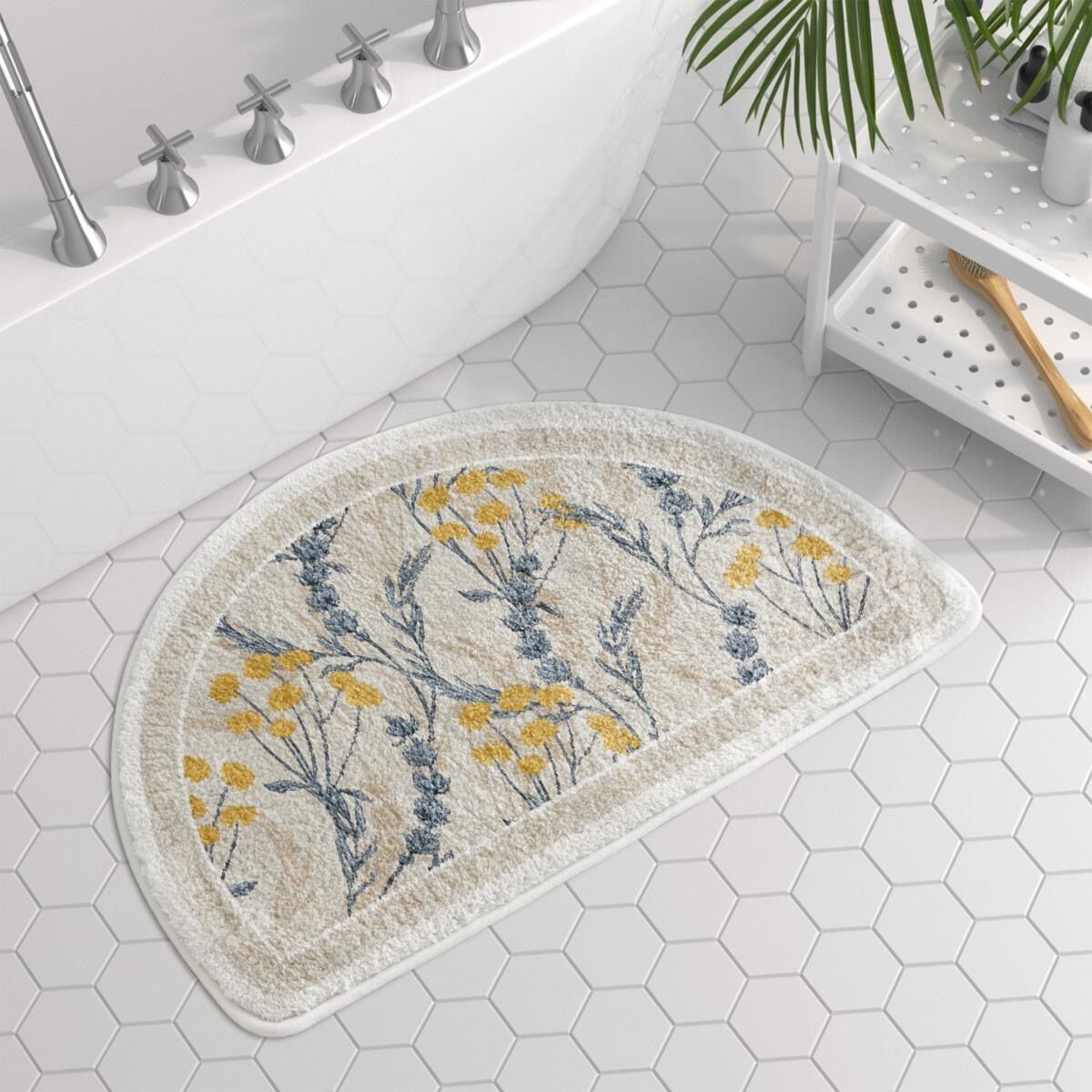 Tapis Semi-Circulaire Floral Paysager Peint à la Main │ Élégance Naturelle pour un Intérieur Américain