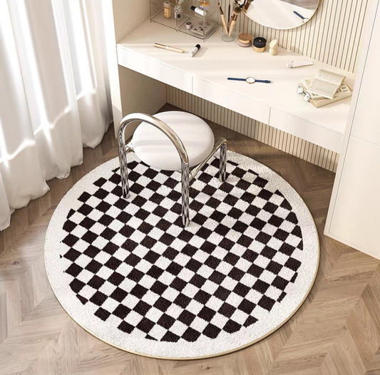 Tapis Rond à Motif Échiquier │ Tapis Minimaliste et Élégant pour Salon