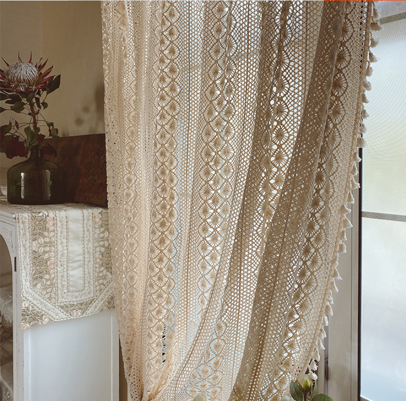 Rideaux Finis en Coton et Chanvre de Style Pastoral Crochet Creux Américain │ Pour une Décoration Rustique et Semi-Ombrage