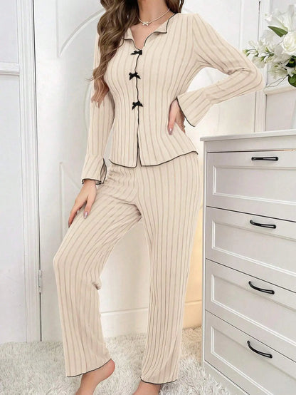 2025 Autumn Winter Warm Sleepwear Women Pajamas Set Lapel Bow Flannel Loose Long Sleeve Tshirt Tops and Trousers Home Suit