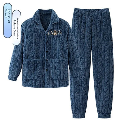 2025 Autumn Winter Coral Fleece Thickened Flannel Sleepwear Home Clothes Set for Men Breathable Long Sleeve Long Pants Pajamas