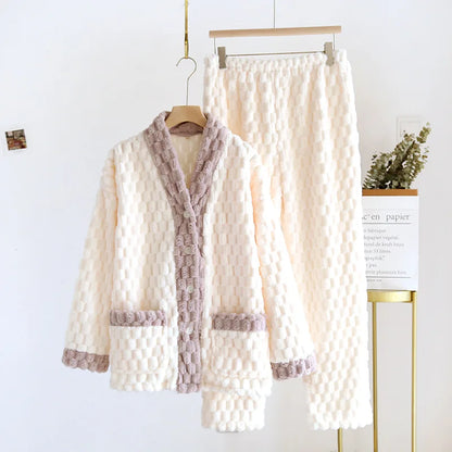 2025 Autumn/Winter New Women's Pajama Set Flannel Thickened Warm Cute Long Sleeve Pants Two Piece Coral Fleece Home Fur Women