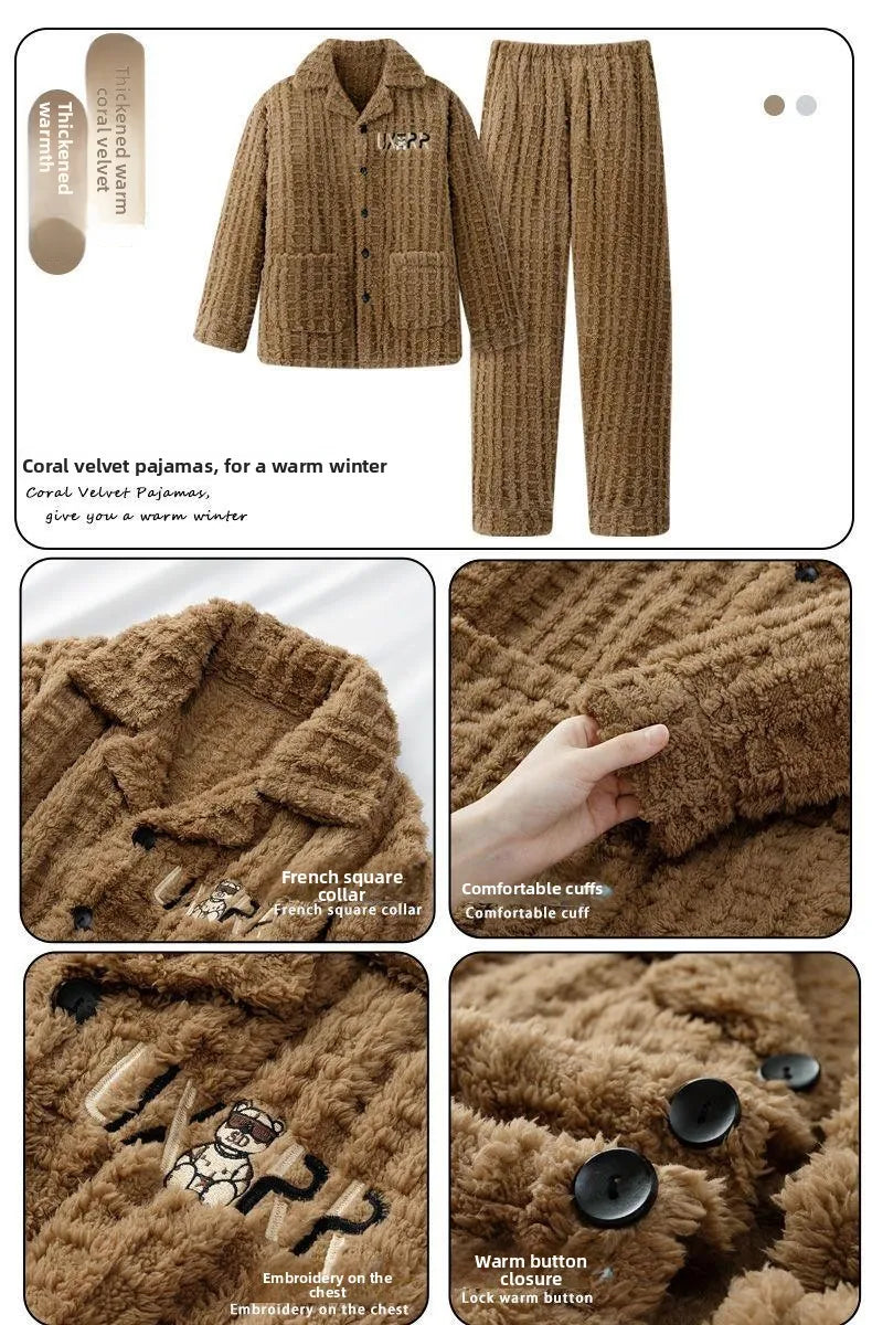 2025 Autumn Winter Coral Fleece Thickened Flannel Sleepwear Home Clothes Set for Men Breathable Long Sleeve Long Pants Pajamas