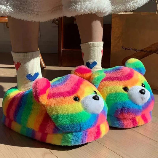 2025 Women's Home Slippers Sweet Fluffy Rainbow Bear Lady slippers indoor Anti slip lightweight keep warm Winter House Shoes 44