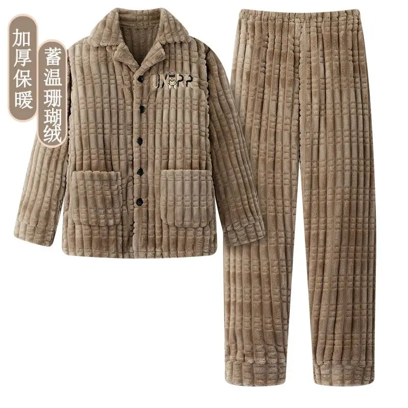 2025 Autumn Winter Coral Fleece Thickened Flannel Sleepwear Home Clothes Set for Men Breathable Long Sleeve Long Pants Pajamas