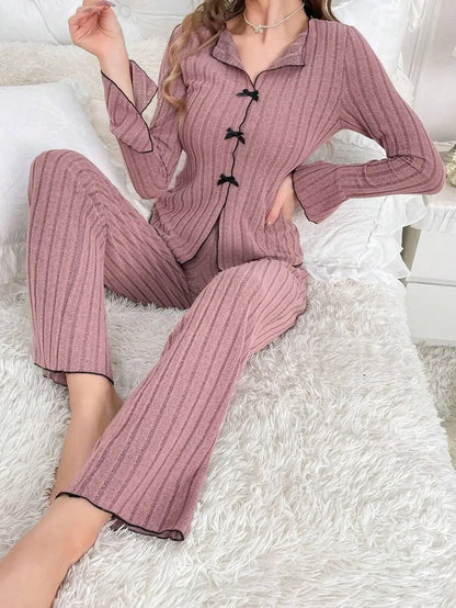 2025 Autumn Winter Warm Sleepwear Women Pajamas Set Lapel Bow Flannel Loose Long Sleeve Tshirt Tops and Trousers Home Suit