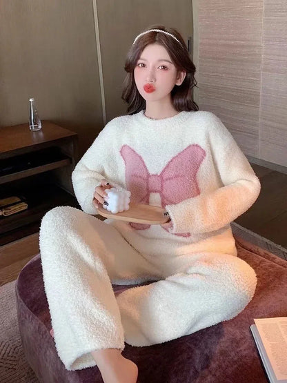 2024 New Women's Sleepwear Autumn/Winter Thickened Fleece-Lined Sweet Cute Coral Velvet Home Suit Cross-Border