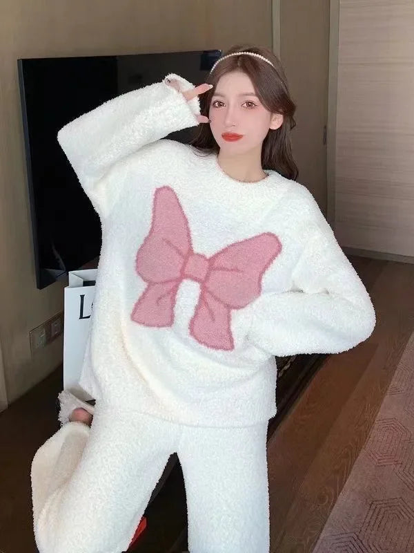 2024 New Women's Sleepwear Autumn/Winter Thickened Fleece-Lined Sweet Cute Coral Velvet Home Suit Cross-Border