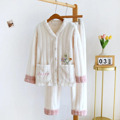 2025 Autumn/Winter New Women's Pajama Set Flannel Thickened Warm Cute Long Sleeve Pants Two Piece Coral Fleece Home Fur Women
