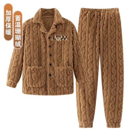 2025 Autumn Winter Coral Fleece Thickened Flannel Sleepwear Home Clothes Set for Men Breathable Long Sleeve Long Pants Pajamas