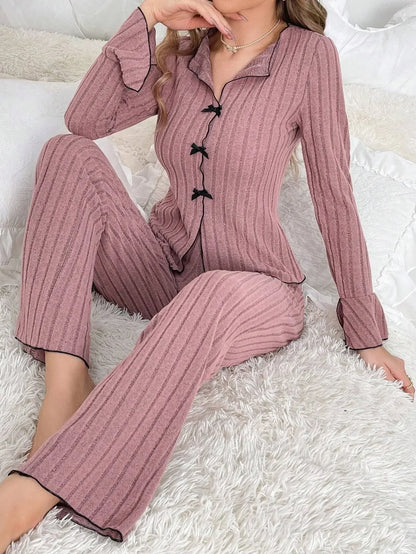 2025 Autumn Winter Warm Sleepwear Women Pajamas Set Lapel Bow Flannel Loose Long Sleeve Tshirt Tops and Trousers Home Suit