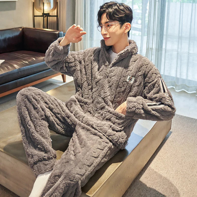 2 piece men's sleepwear long sleeved pants autumn and winter coral fleece thick jacquard fabric Pajama home suit set