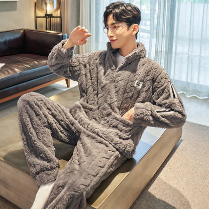 2 piece men's sleepwear long sleeved pants autumn and winter coral fleece thick jacquard fabric Pajama home suit set