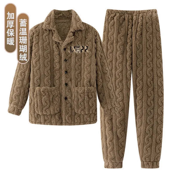 2025 Autumn Winter Coral Fleece Thickened Flannel Sleepwear Home Clothes Set for Men Breathable Long Sleeve Long Pants Pajamas