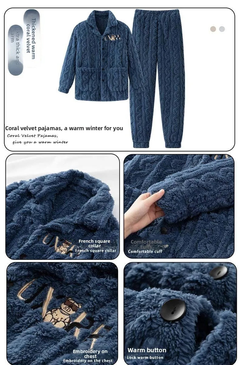 2025 Autumn Winter Coral Fleece Thickened Flannel Sleepwear Home Clothes Set for Men Breathable Long Sleeve Long Pants Pajamas