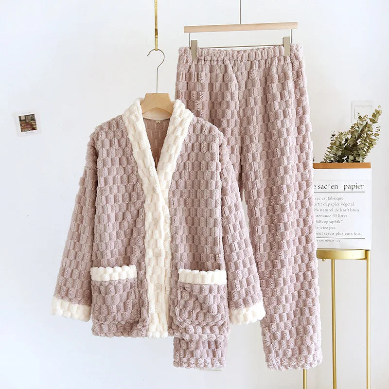 2025 Autumn/Winter New Women's Pajama Set Flannel Thickened Warm Cute Long Sleeve Pants Two Piece Coral Fleece Home Fur Women