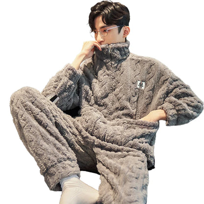 2 piece men's sleepwear long sleeved pants autumn and winter coral fleece thick jacquard fabric Pajama home suit set