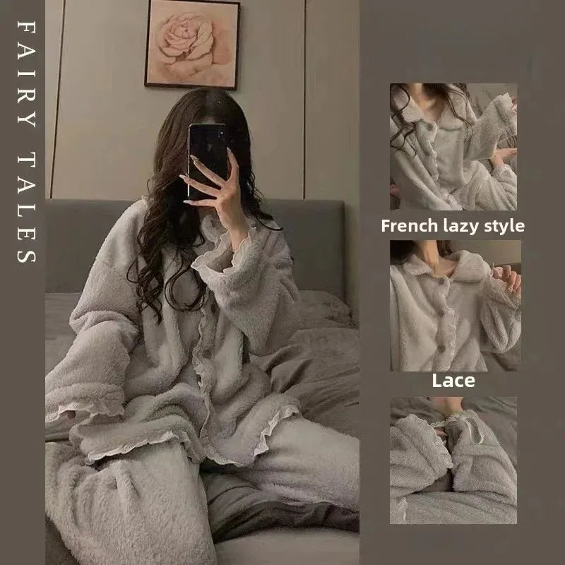 2024 New Women's Sleepwear Autumn/Winter Thickened Fleece-Lined Sweet Cute Coral Velvet Home Suit Cross-Border