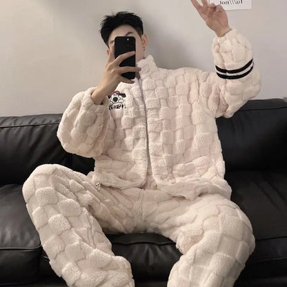 2025 Autumn Winter Coral Fleece Thickened Flannel Sleepwear Home Clothes Set for Men Breathable Long Sleeve Long Pants Pajamas