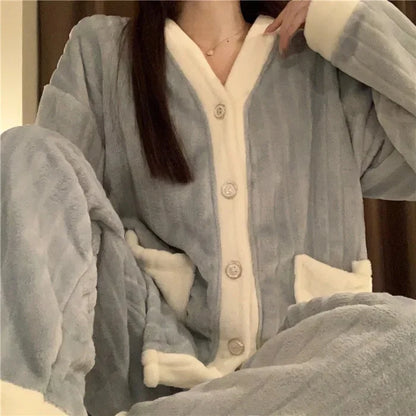 2024 New Women's Sleepwear Autumn/Winter Thickened Fleece-Lined Sweet Cute Coral Velvet Home Suit Cross-Border