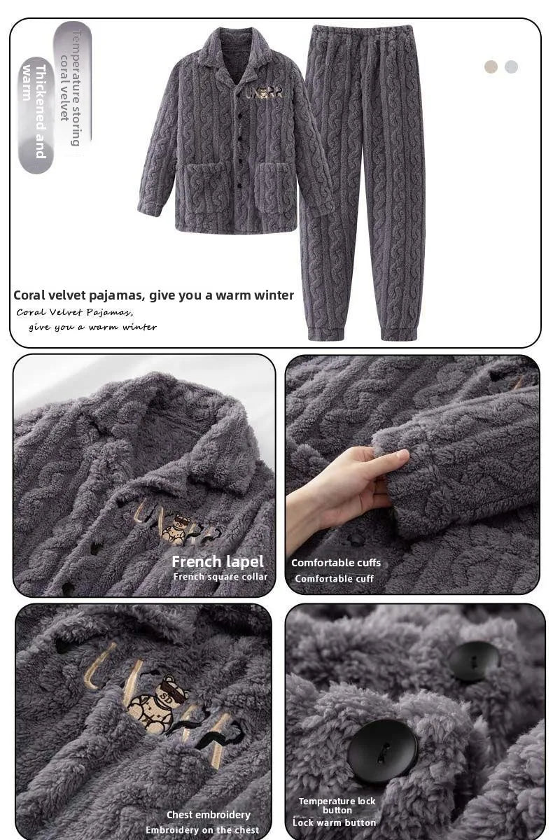 2025 Autumn Winter Coral Fleece Thickened Flannel Sleepwear Home Clothes Set for Men Breathable Long Sleeve Long Pants Pajamas
