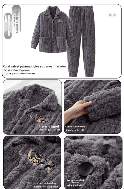 2025 Autumn Winter Coral Fleece Thickened Flannel Sleepwear Home Clothes Set for Men Breathable Long Sleeve Long Pants Pajamas