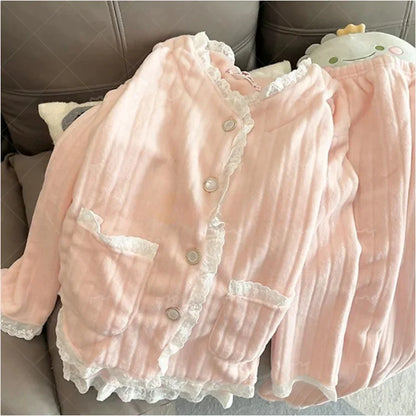2024 New Women's Sleepwear Autumn/Winter Thickened Fleece-Lined Sweet Cute Coral Velvet Home Suit Cross-Border