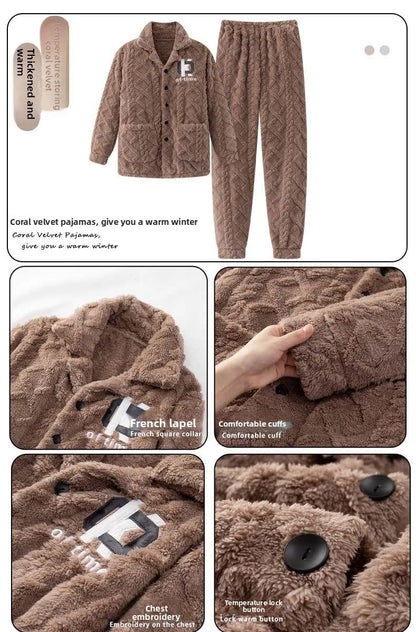 2025 Autumn Winter Coral Fleece Thickened Flannel Sleepwear Home Clothes Set for Men Breathable Long Sleeve Long Pants Pajamas