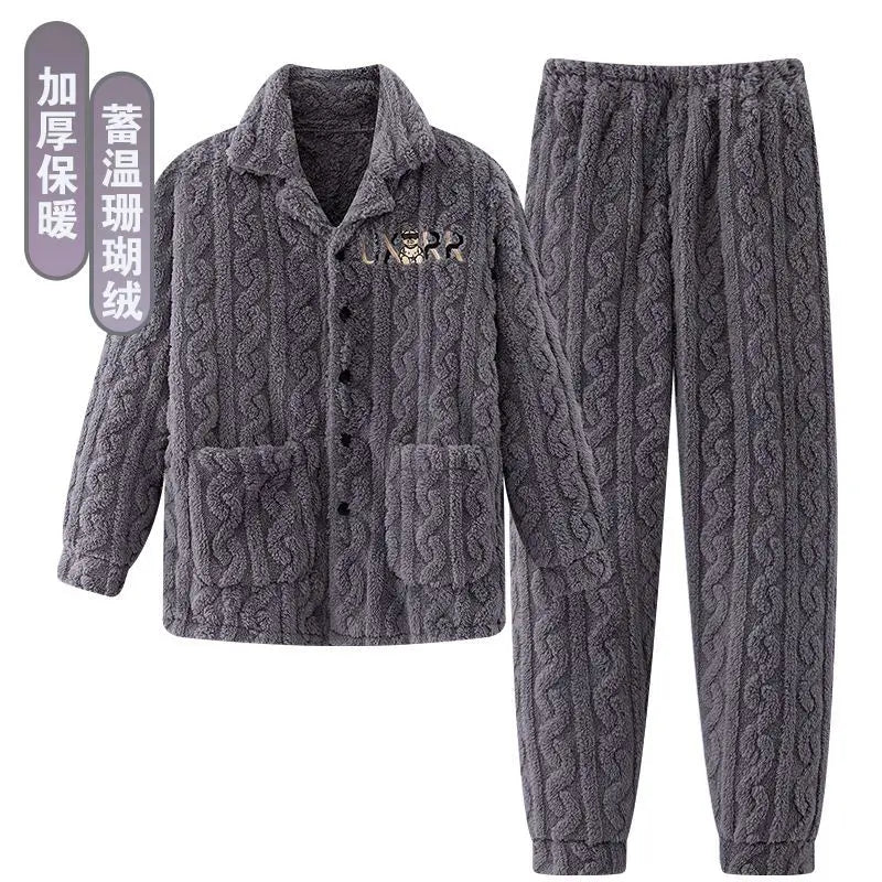 2025 Autumn Winter Coral Fleece Thickened Flannel Sleepwear Home Clothes Set for Men Breathable Long Sleeve Long Pants Pajamas