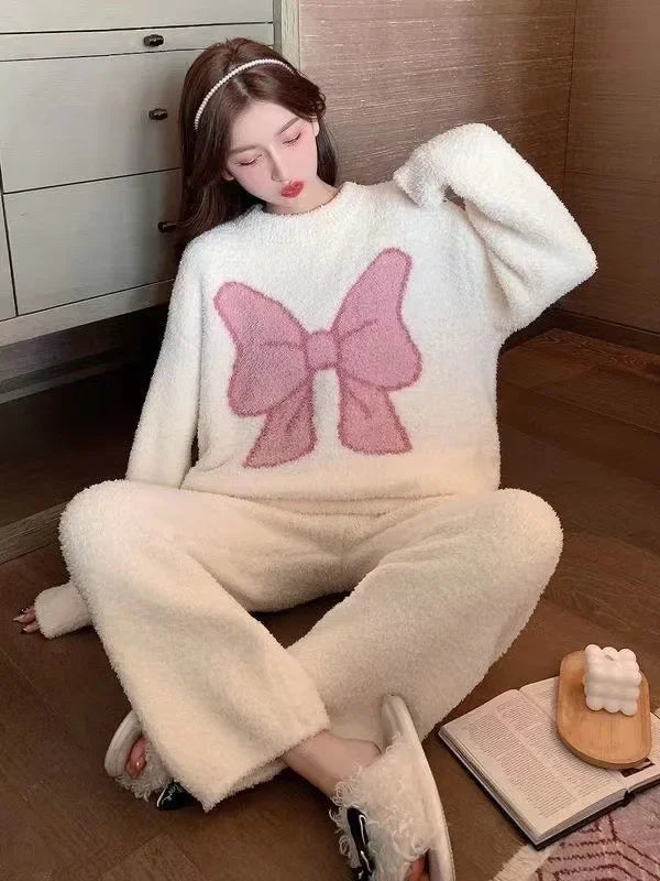 2024 New Women's Sleepwear Autumn/Winter Thickened Fleece-Lined Sweet Cute Coral Velvet Home Suit Cross-Border