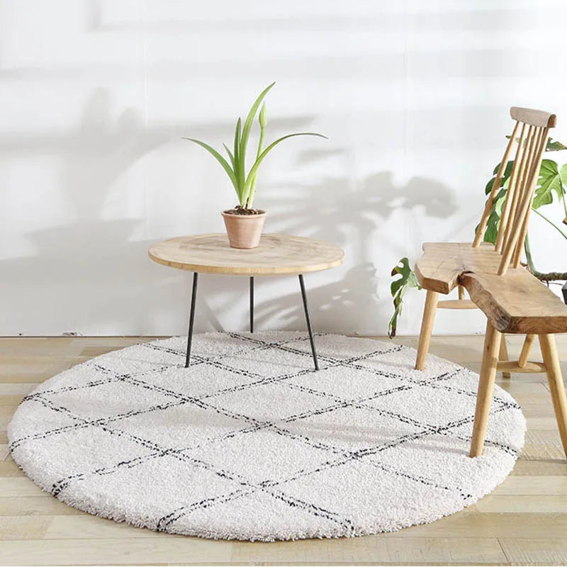 Tapis Rond en Velours Simple et Élégant │ Tapis à Rayures Noir et Blanc