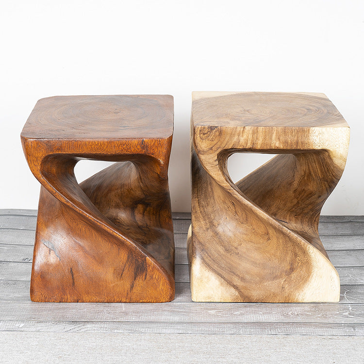 Tabouret Carré en Bois Massif pour Couloir et Entrée │ Artisanat Sculpté à la Main