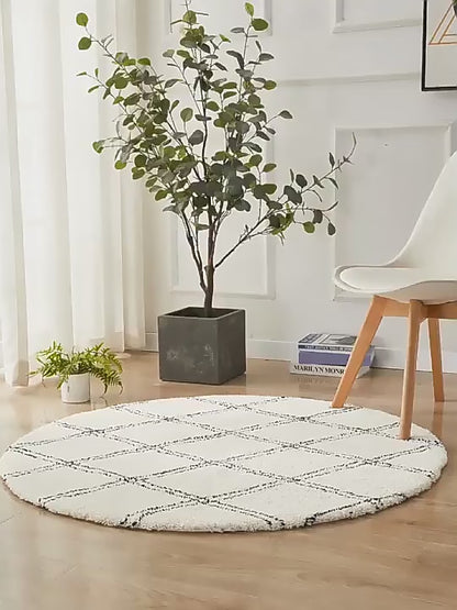 Tapis Rond en Velours Simple et Élégant │ Tapis à Rayures Noir et Blanc